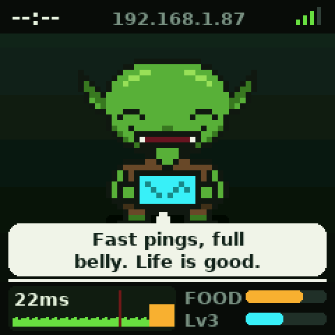 DB-1 screen: a happy pixel goblin saying 'Fast pings, full belly. Life is good.' with a 22 ms ping graph