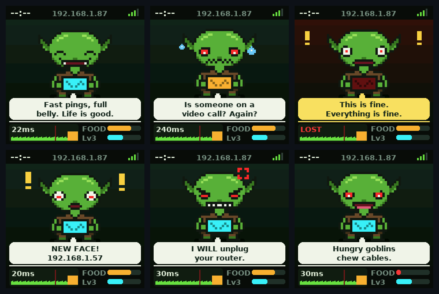 Six DB-1 screens: happy, slow (240 ms), internet lost, new device, angry, hungry